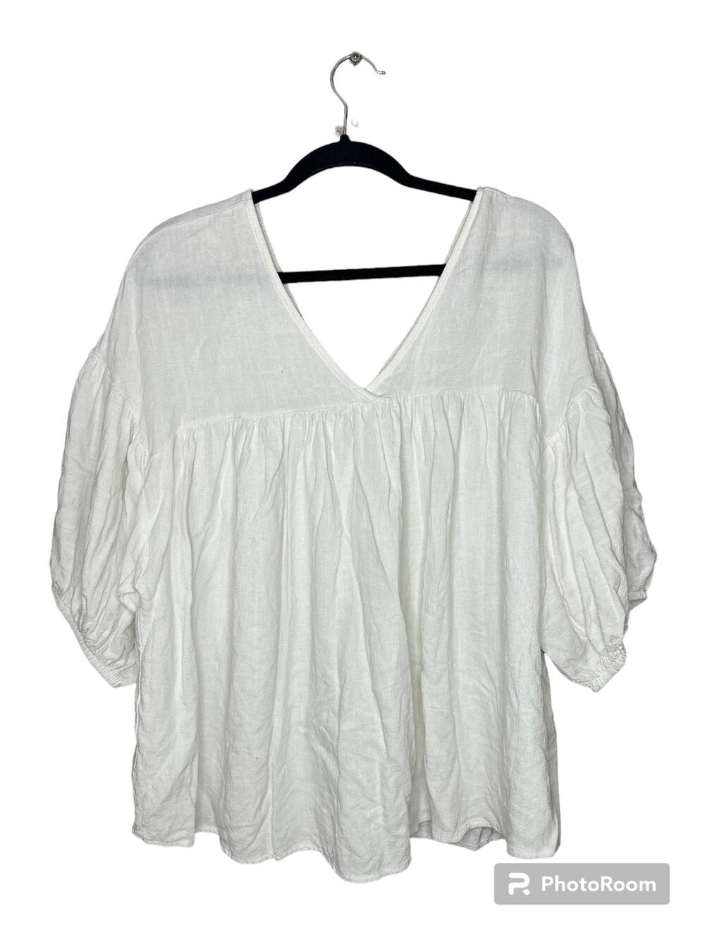 Ces Femme Boho Chic Oversized White V Neck Flowy Tunic Linen Blend Size Small